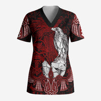 Raven and Serpent Norse Mythology Scrub Top Red and White Viking Line Art