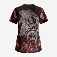 Raven and Serpent Norse Mythology Scrub Top Red and White Viking Line Art