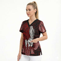 Raven and Serpent Norse Mythology Scrub Top Red and White Viking Line Art
