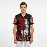 Raven and Serpent Norse Mythology Scrub Top Red and White Viking Line Art