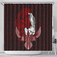 Raven and Serpent Norse Mythology Shower Curtain Red and White Viking Line Art