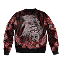 Raven and Serpent Norse Mythology Sleeve Zip Bomber Jacket Red and White Viking Line Art