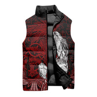 Raven and Serpent Norse Mythology Sleeveless Puffer Jacket Red and White Viking Line Art