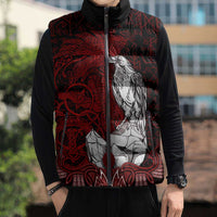 Raven and Serpent Norse Mythology Sleeveless Puffer Jacket Red and White Viking Line Art