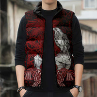 Raven and Serpent Norse Mythology Sleeveless Puffer Jacket Red and White Viking Line Art