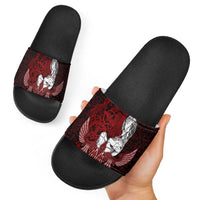 Raven and Serpent Norse Mythology Slide Sandals Red and White Viking Line Art