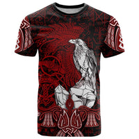 Raven and Serpent Norse Mythology T Shirt Red and White Viking Line Art