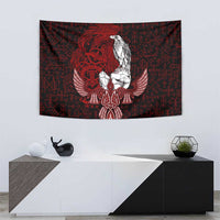 Raven and Serpent Norse Mythology Tapestry Red and White Viking Line Art