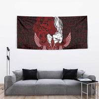 Raven and Serpent Norse Mythology Tapestry Red and White Viking Line Art