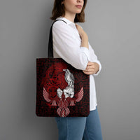 Raven and Serpent Norse Mythology Tote Bag Red and White Viking Line Art