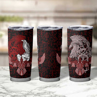 Raven and Serpent Norse Mythology Tumbler Cup Red and White Viking Line Art