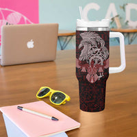Raven and Serpent Norse Mythology Tumbler With Handle Red and White Viking Line Art