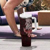 Raven and Serpent Norse Mythology Tumbler With Handle Red and White Viking Line Art