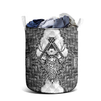 Odin and Skull Warrior Norse Mythology Laundry Basket Viking Black and White Engraved Stone Art
