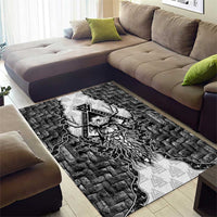 Odin and Skull Warrior Norse Mythology Area Rug Viking Black and White Engraved Stone Art