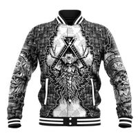 Odin and Skull Warrior Norse Mythology Baseball Jacket Viking Black and White Engraved Stone Art