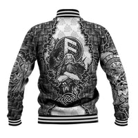 Odin and Skull Warrior Norse Mythology Baseball Jacket Viking Black and White Engraved Stone Art