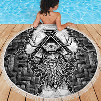 Odin and Skull Warrior Norse Mythology Beach Blanket Viking Black and White Engraved Stone Art