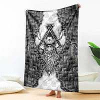 Odin and Skull Warrior Norse Mythology Blanket Viking Black and White Engraved Stone Art