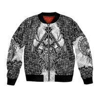 Odin and Skull Warrior Norse Mythology Bomber Jacket Viking Black and White Engraved Stone Art