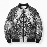 Odin and Skull Warrior Norse Mythology Bomber Puffer Jacket Viking Black and White Engraved Stone Art