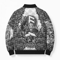 Odin and Skull Warrior Norse Mythology Bomber Puffer Jacket Viking Black and White Engraved Stone Art