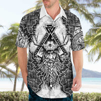Odin and Skull Warrior Norse Mythology Hawaiian Shirt Viking Black and White Engraved Stone Art
