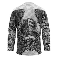 Odin and Skull Warrior Norse Mythology Hockey Jersey Viking Black and White Engraved Stone Art