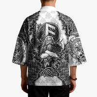 Odin and Skull Warrior Norse Mythology Kimono Viking Black and White Engraved Stone Art
