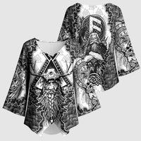 Odin and Skull Warrior Norse Mythology Kimono Sleeve Blouse Viking Black and White Engraved Stone Art