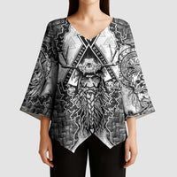 Odin and Skull Warrior Norse Mythology Kimono Sleeve Blouse Viking Black and White Engraved Stone Art