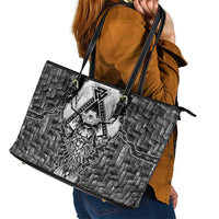 Odin and Skull Warrior Norse Mythology Leather Tote Bag Viking Black and White Engraved Stone Art