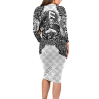 Odin and Skull Warrior Norse Mythology Long Sleeve Bodycon Dress Viking Black and White Engraved Stone Art