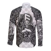 Odin and Skull Warrior Norse Mythology Long Sleeve Button Shirt Viking Black and White Engraved Stone Art