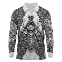 Odin and Skull Warrior Norse Mythology Long Sleeve Polo Shirt Viking Black and White Engraved Stone Art