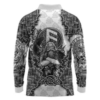 Odin and Skull Warrior Norse Mythology Long Sleeve Polo Shirt Viking Black and White Engraved Stone Art