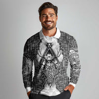 Odin and Skull Warrior Norse Mythology Long Sleeve Polo Shirt Viking Black and White Engraved Stone Art