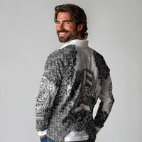 Odin and Skull Warrior Norse Mythology Long Sleeve Polo Shirt Viking Black and White Engraved Stone Art