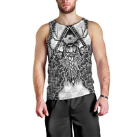 Odin and Skull Warrior Norse Mythology Men Tank Top Viking Black and White Engraved Stone Art
