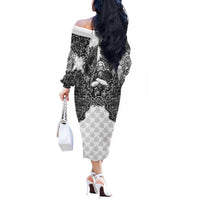 Odin and Skull Warrior Norse Mythology Off The Shoulder Long Sleeve Dress Viking Black and White Engraved Stone Art