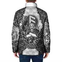 Odin and Skull Warrior Norse Mythology Padded Jacket Viking Black and White Engraved Stone Art
