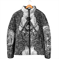 Odin and Skull Warrior Norse Mythology Padded Jacket Viking Black and White Engraved Stone Art