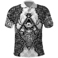 Odin and Skull Warrior Norse Mythology Polo Shirt Viking Black and White Engraved Stone Art