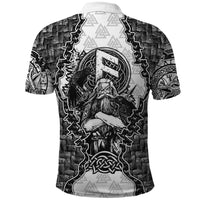 Odin and Skull Warrior Norse Mythology Polo Shirt Viking Black and White Engraved Stone Art