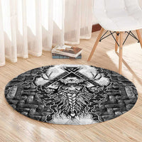 Odin and Skull Warrior Norse Mythology Round Carpet Viking Black and White Engraved Stone Art