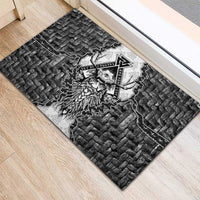 Odin and Skull Warrior Norse Mythology Rubber Doormat Viking Black and White Engraved Stone Art