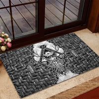 Odin and Skull Warrior Norse Mythology Rubber Doormat Viking Black and White Engraved Stone Art