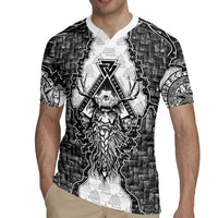 Odin and Skull Warrior Norse Mythology Rugby Jersey Viking Black and White Engraved Stone Art