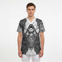 Odin and Skull Warrior Norse Mythology Scrub Top Viking Black and White Engraved Stone Art