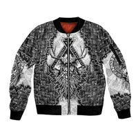 Odin and Skull Warrior Norse Mythology Sleeve Zip Bomber Jacket Viking Black and White Engraved Stone Art